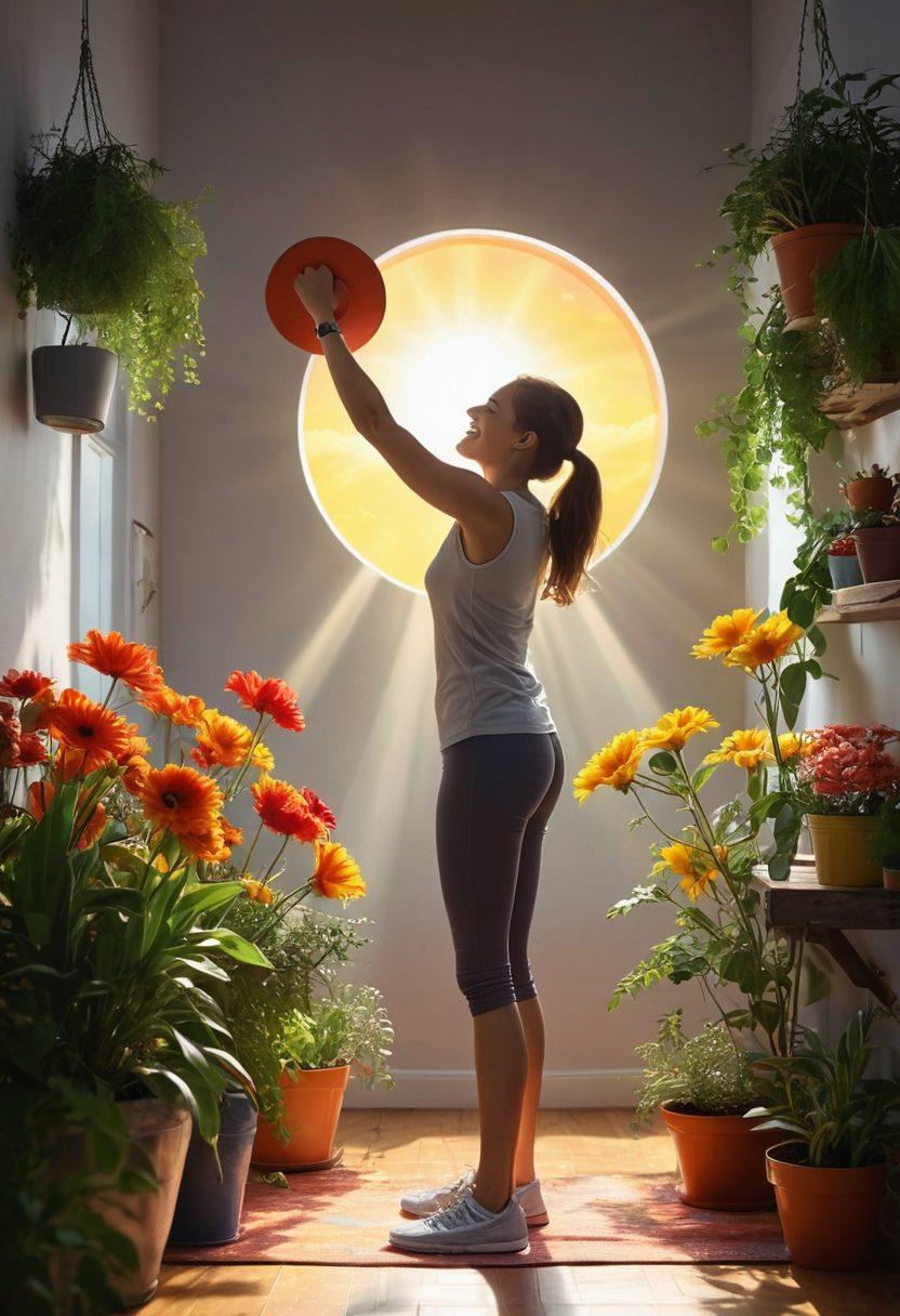 A vibrant transition scene showcasing a split background: one side dark and gloomy with gray clouds and wilting plants, and the other bright and cheerful with colorful flowers, a shining sun, and a smiling person engaging in daily habits like reading and exercising. The person is lifting a colorful weight representing positive habits, while rays of sunlight illuminate the cheerful side. The atmosphere conveys transformation and hope. super-realistic. vibrant colors. uplifting theme.