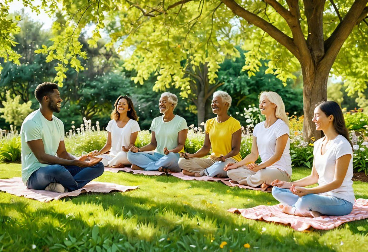 A serene and cheerful scene depicting a diverse group of people engaging in joyful activities like gardening, laughing, and meditating in a sunlit park. The background features blooming flowers and gentle green trees, symbolizing growth and happiness. Soft hues of yellow and pastel colors infuse the image with warmth and positivity, evoking a sense of community and contentment. super-realistic. vibrant colors. sunny atmosphere.