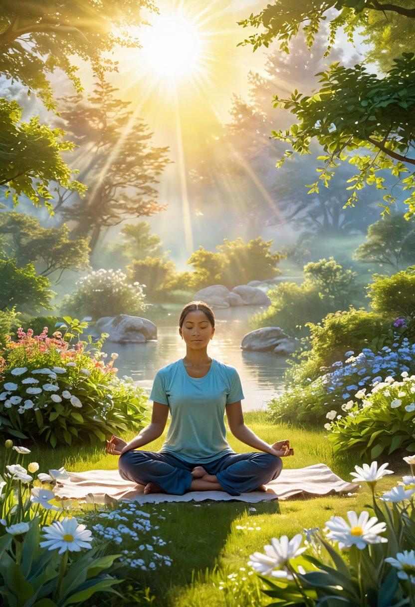 A serene sunrise illuminating a peaceful landscape with a person meditating in the foreground, surrounded by blooming flowers and gentle greenery, embodying tranquility and joy. Subtle rays of light symbolize positivity and happiness radiating from the figure. Incorporate peaceful colors like soft yellows, greens, and blues. bright and cheerful. super-realistic. vibrant colors.